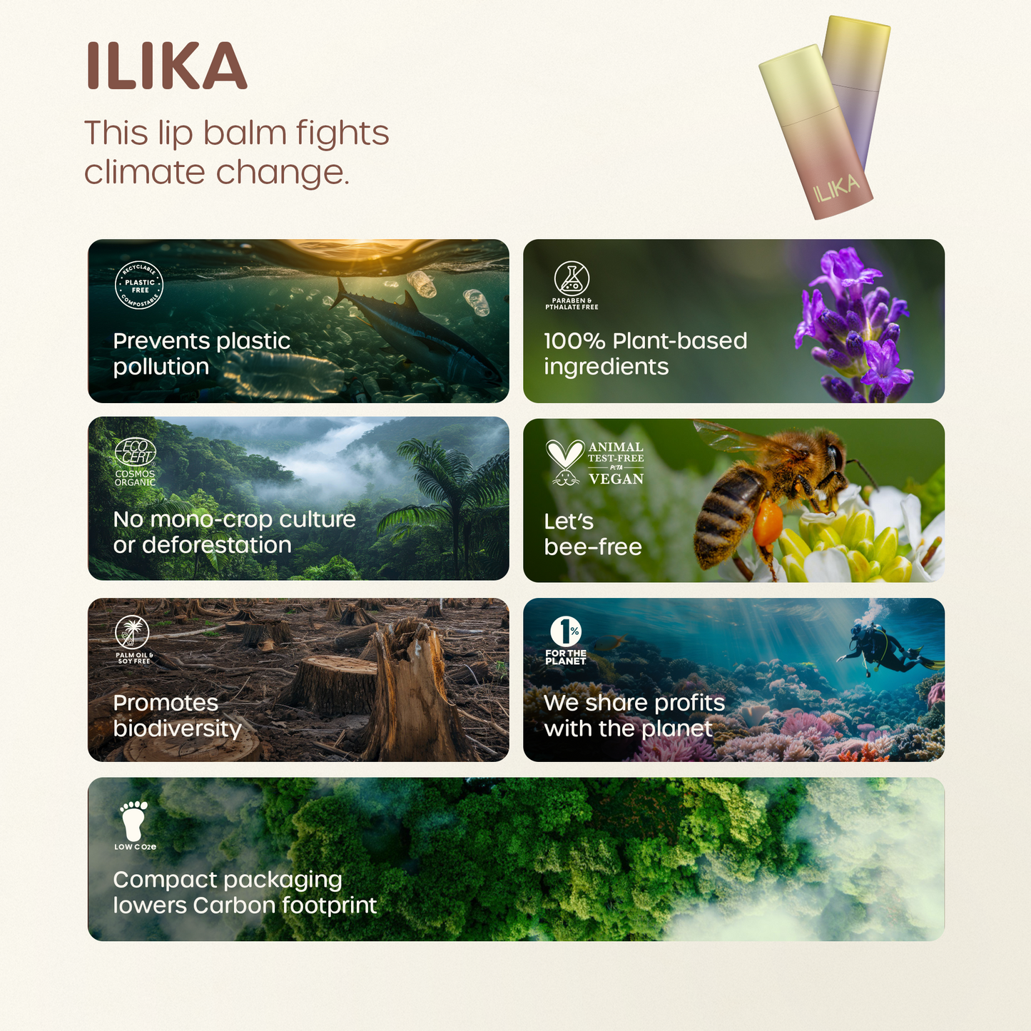 ILIKA 100% Natural Lip Balm - Organic, Plastic-free, Vegan, Cruelty-Free, Vitamin E, COSMOS Certified Organic, PETA Certified Vegan, 8-Pack Assorted Collection, 0.15 oz