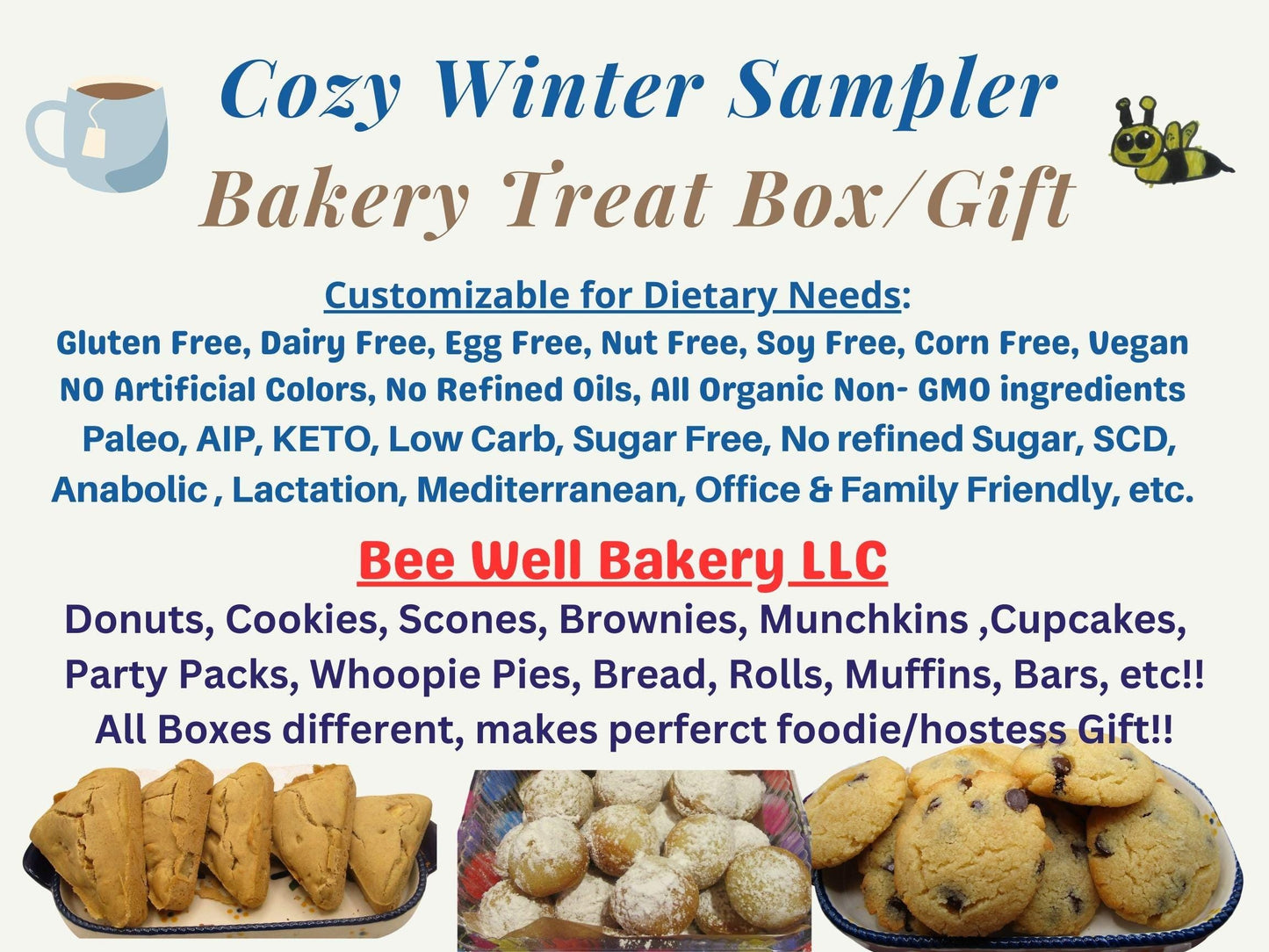 Gluten Free Bakery Box Sampler, Winter Edition, Customizable: Dairy Free, Sugar Free, Vegan, Nut Free, Keto, AIP Paleo, High Protein, etc